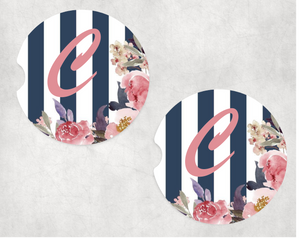 NAVY STRIPE W/ INITIAL SANDSTONE CAR COASTERS (SINGLE)